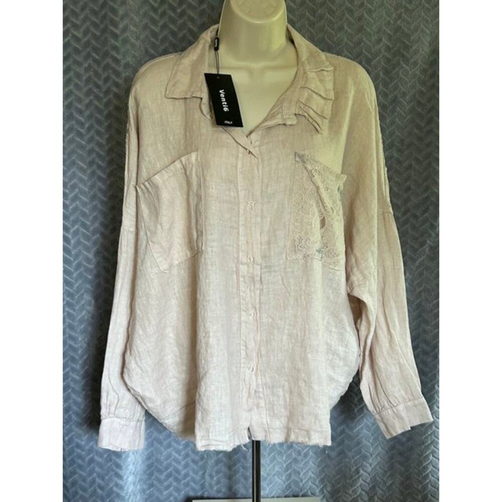 Italy Linen & Lace NWT Button Front Blouse Raw Hem BOHO Chic Resort Loose fit